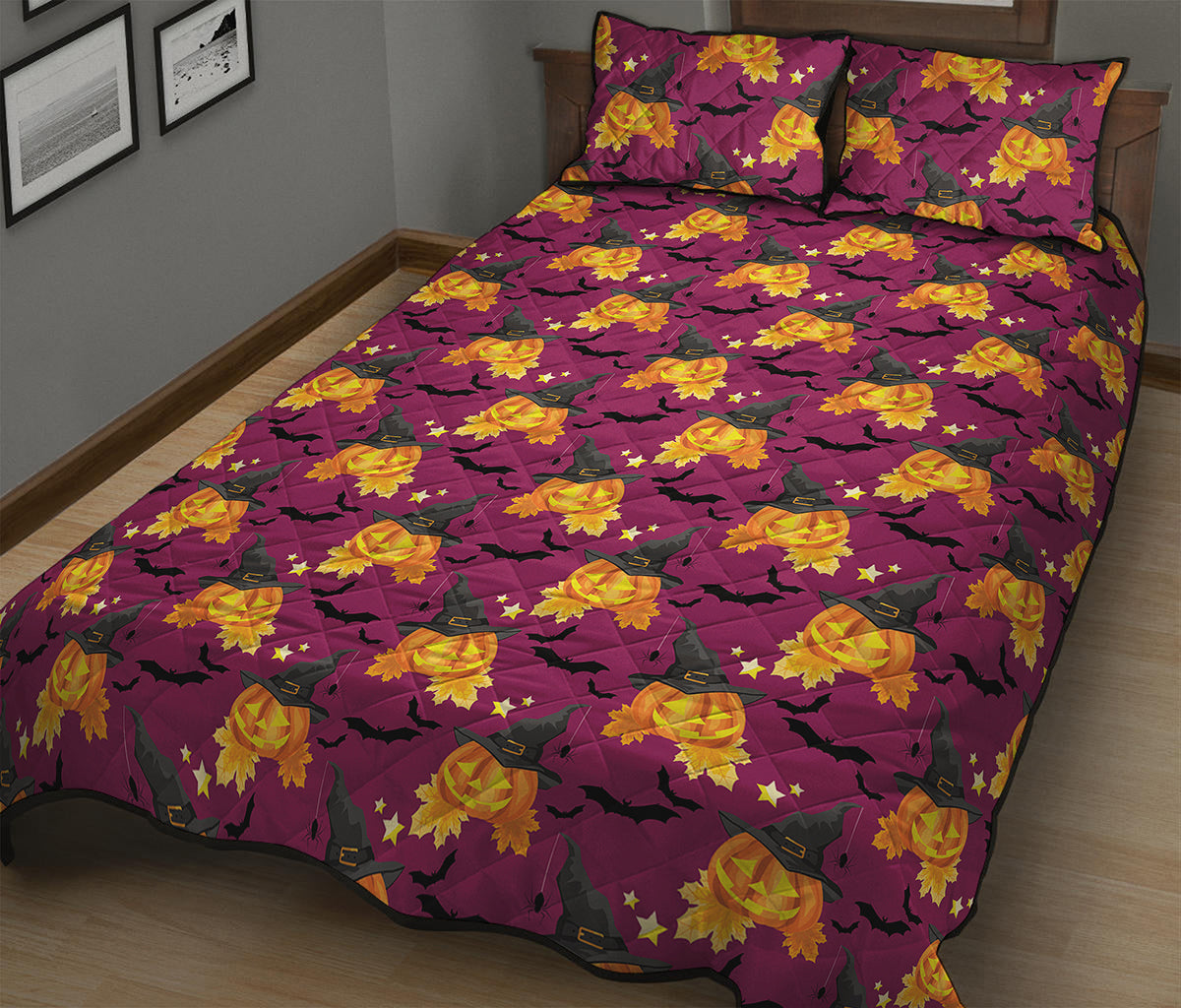 Cute Halloween Pumpkin Witch Print Quilt Bed Set