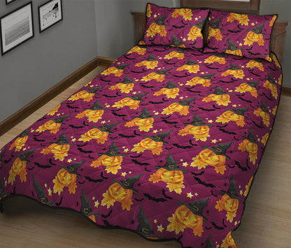Cute Halloween Pumpkin Witch Print Quilt Bed Set