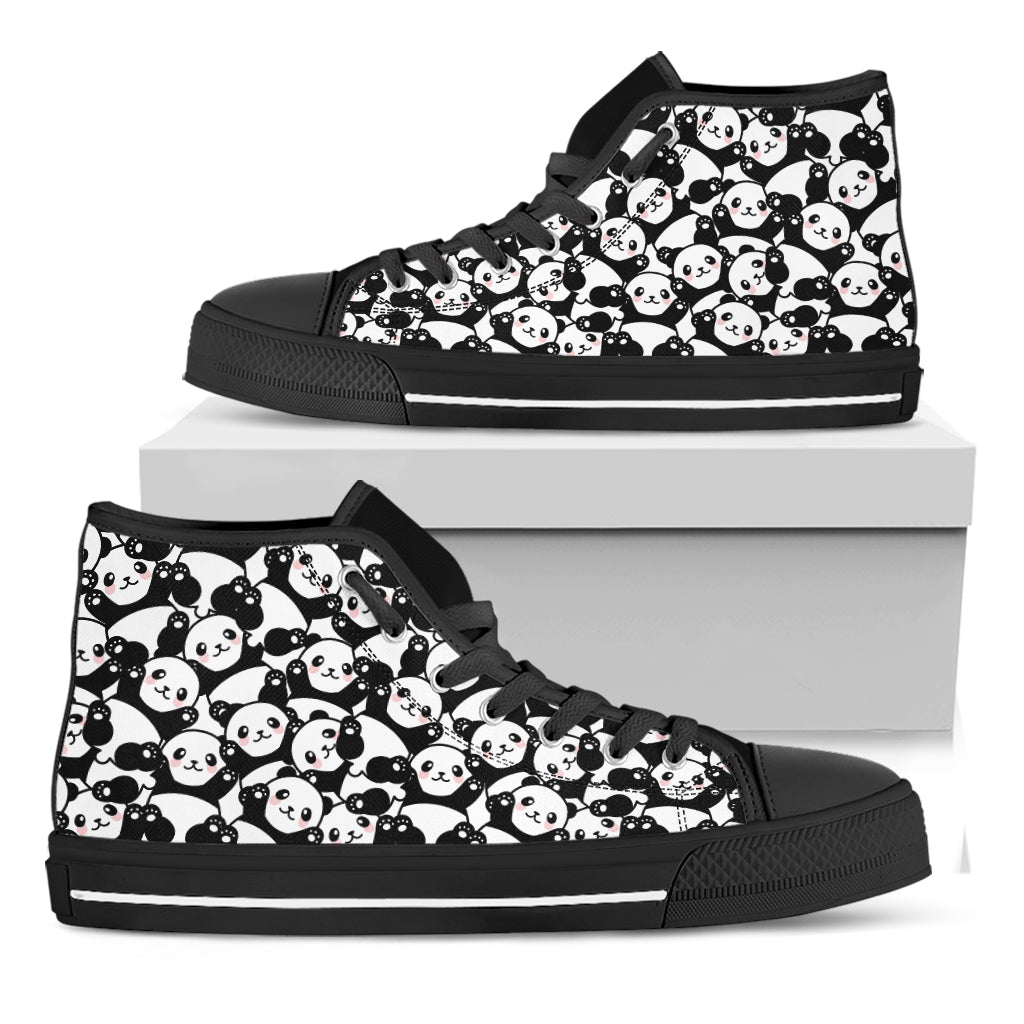 Cute Happy Panda Pattern Print Black High Top Shoes