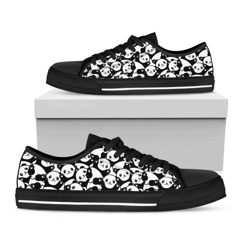 Cute Happy Panda Pattern Print Black Low Top Shoes