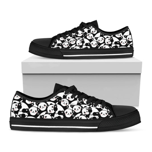 Cute Happy Panda Pattern Print Black Low Top Shoes