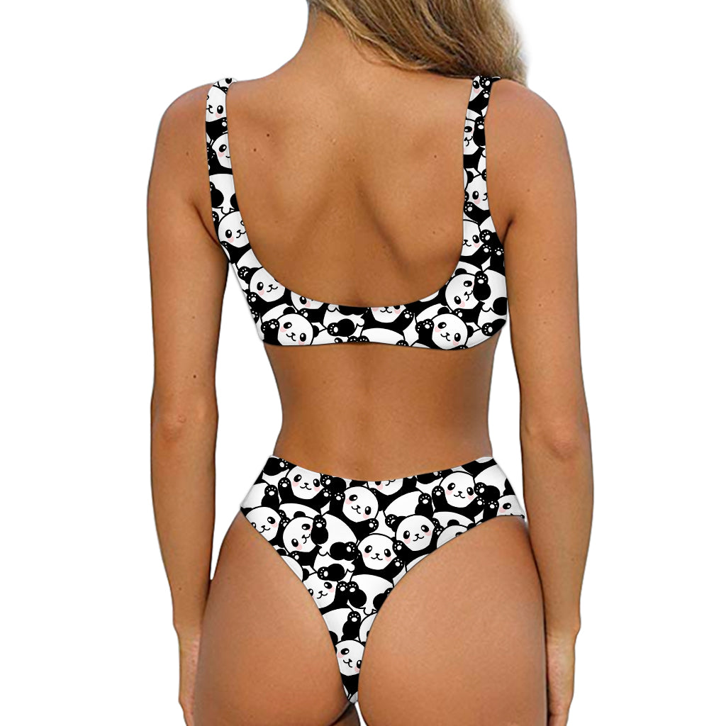Cute Happy Panda Pattern Print Front Bow Tie Bikini