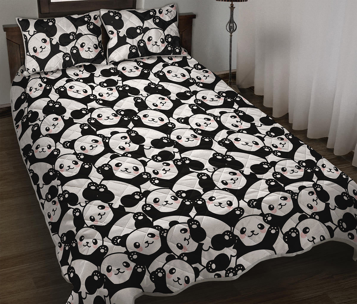 Cute Happy Panda Pattern Print Quilt Bed Set