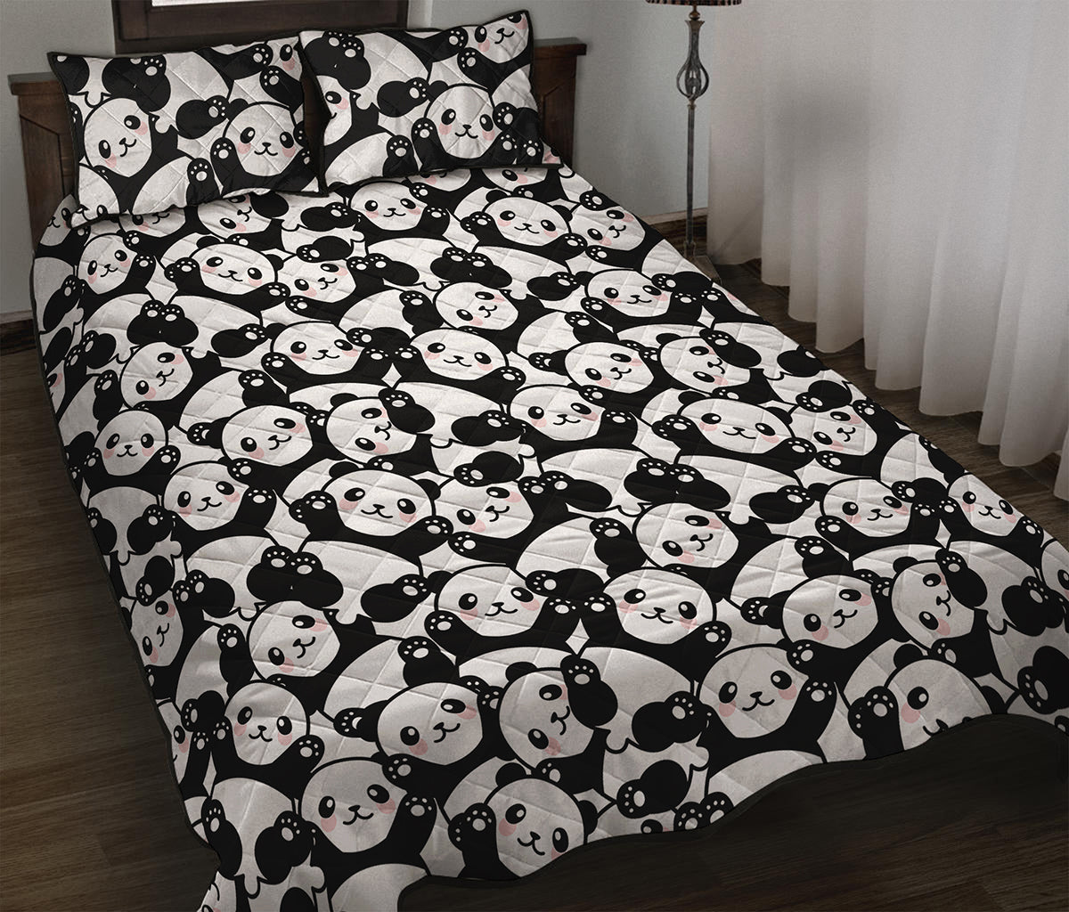 Cute Happy Panda Pattern Print Quilt Bed Set