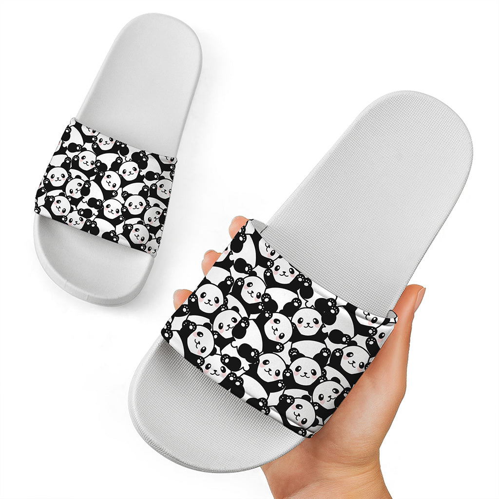 Cute Happy Panda Pattern Print White Slide Sandals
