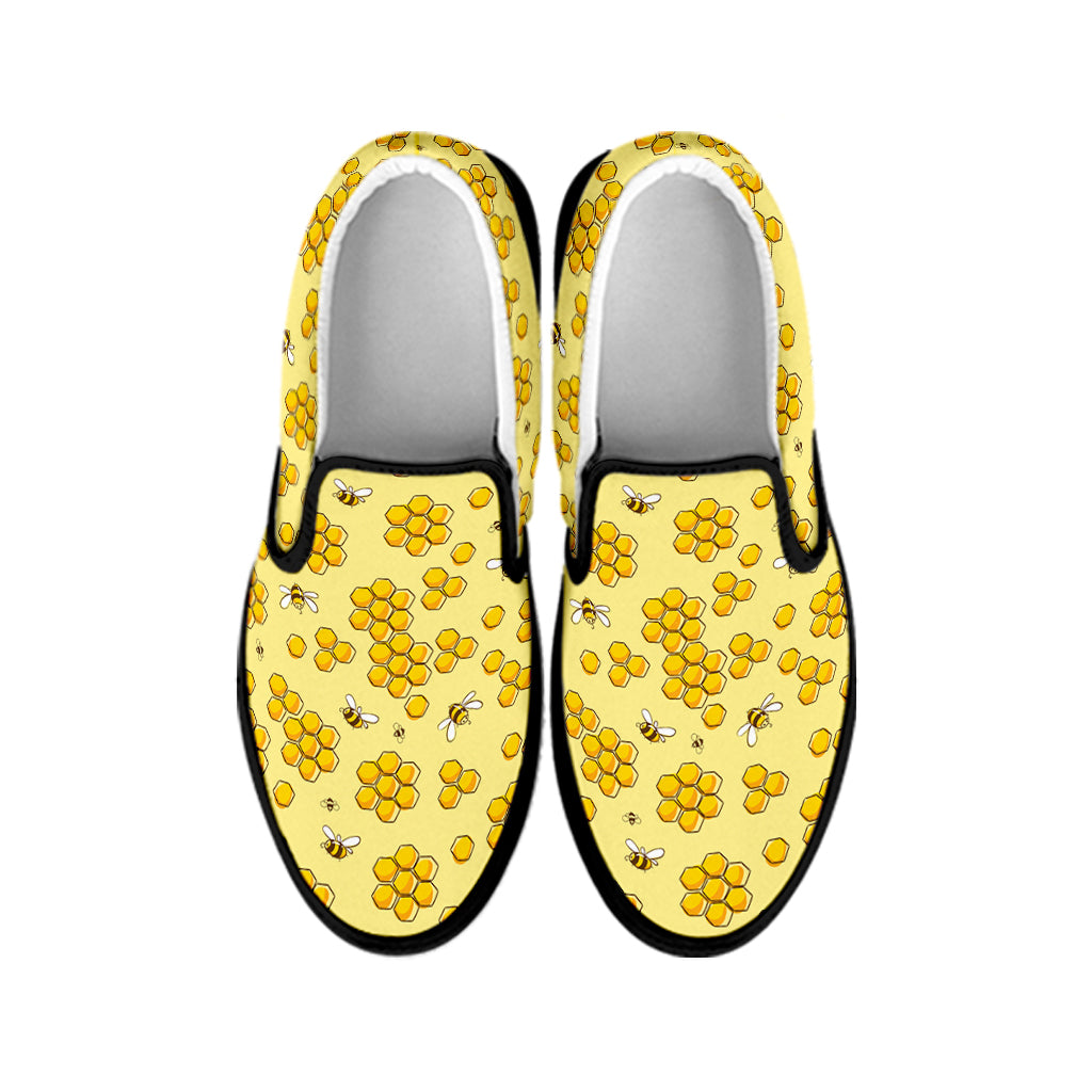 Cute Honey Bee Pattern Print Black Slip On Shoes