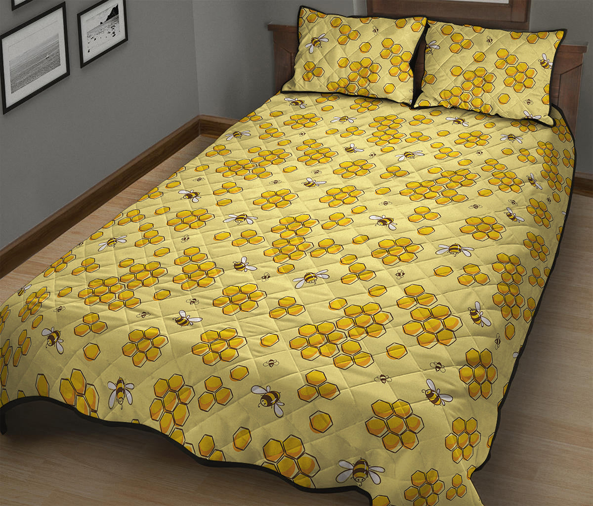 Cute Honey Bee Pattern Print Quilt Bed Set