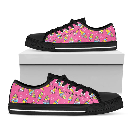 Cute Ice Cream Pattern Print Black Low Top Shoes