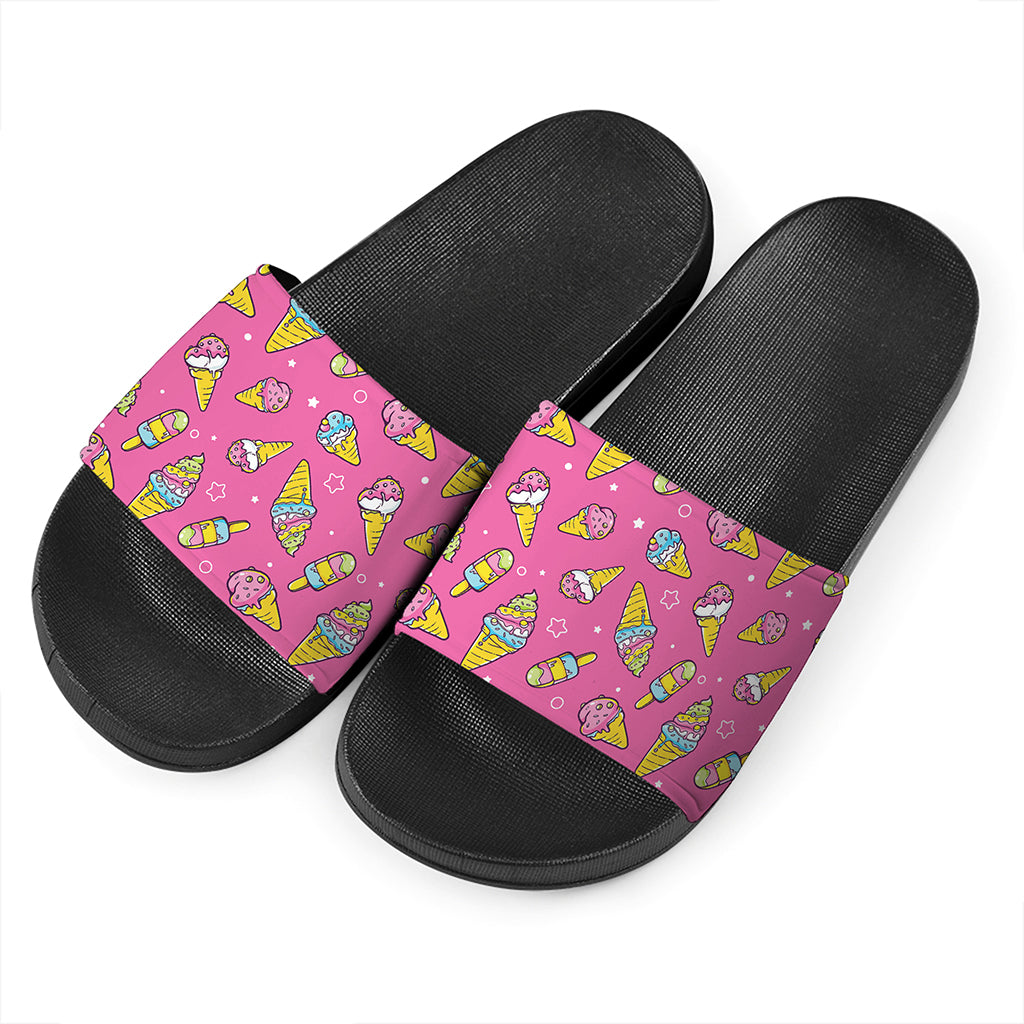 Cute Ice Cream Pattern Print Black Slide Sandals