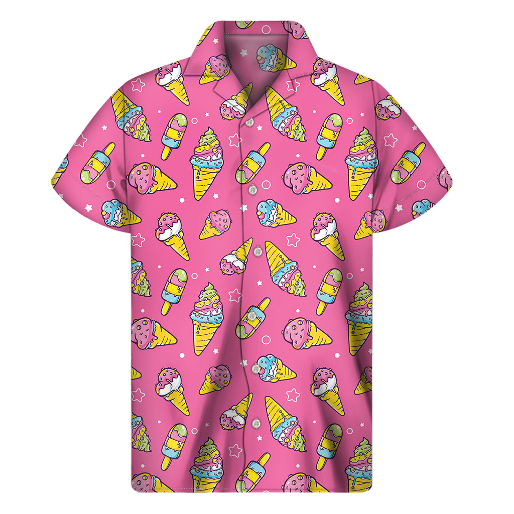 Cute Ice Cream Pattern Print Men's Short Sleeve Shirt