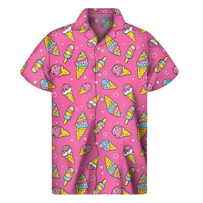 Cute Ice Cream Pattern Print Men's Short Sleeve Shirt