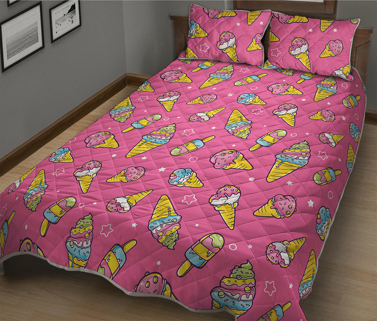 Cute Ice Cream Pattern Print Quilt Bed Set