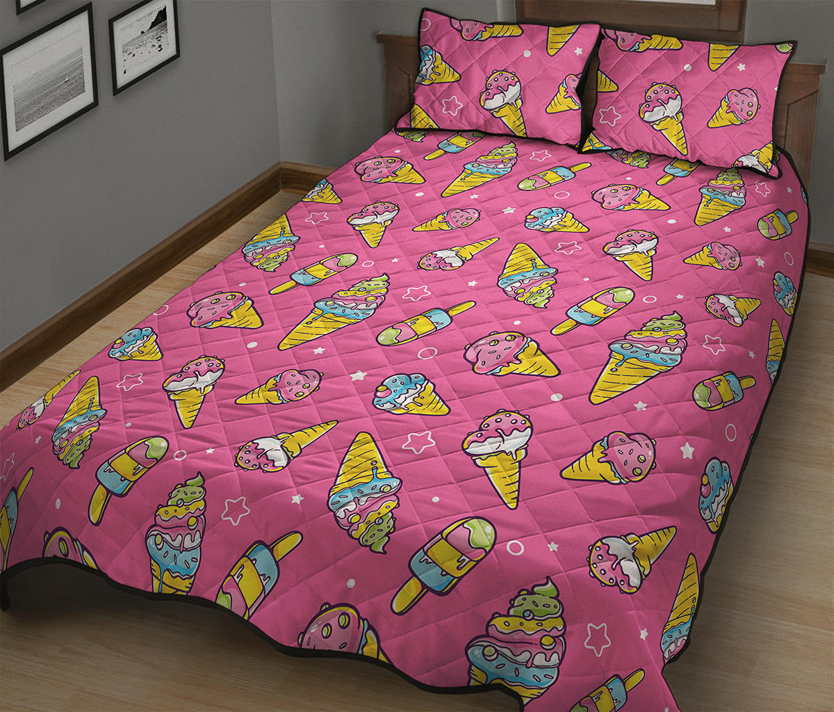 Cute Ice Cream Pattern Print Quilt Bed Set