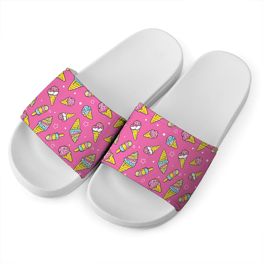 Cute Ice Cream Pattern Print White Slide Sandals