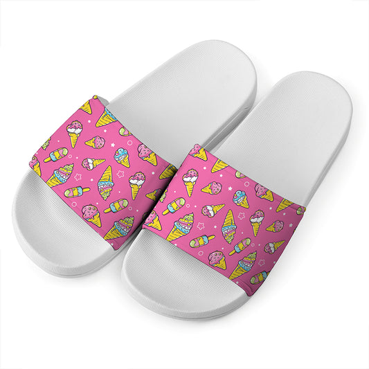 Cute Ice Cream Pattern Print White Slide Sandals