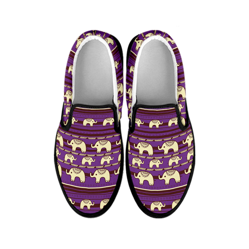 Cute Indian Tribal Elephant Print Black Slip On Shoes