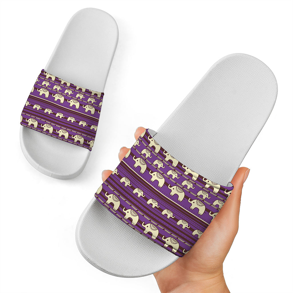 Cute Indian Tribal Elephant Print White Slide Sandals