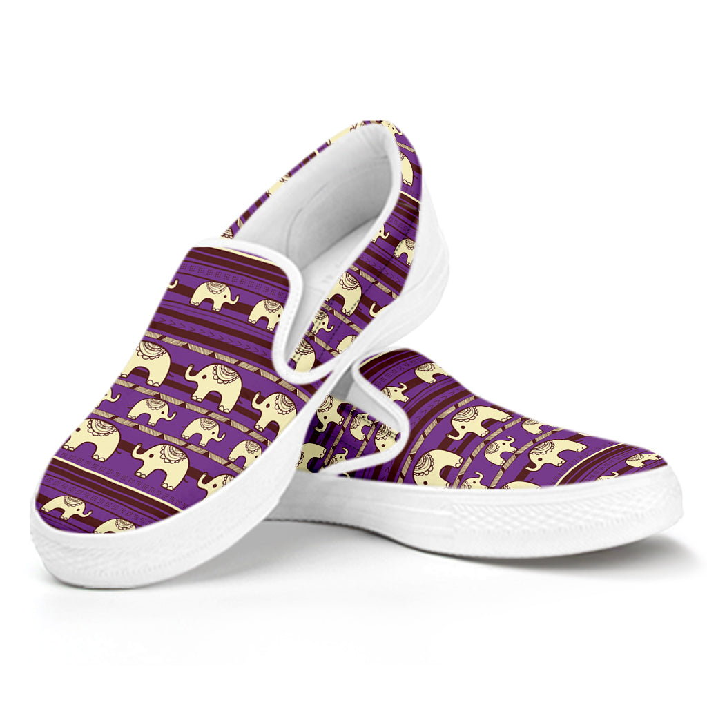 Cute Indian Tribal Elephant Print White Slip On Shoes