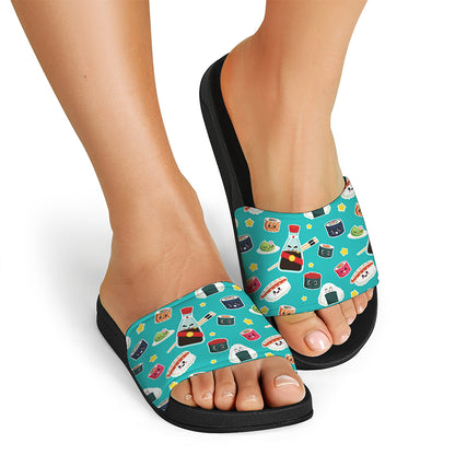 Cute Japanese Sushi Pattern Print Black Slide Sandals