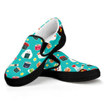 Cute Japanese Sushi Pattern Print Black Slip On Shoes