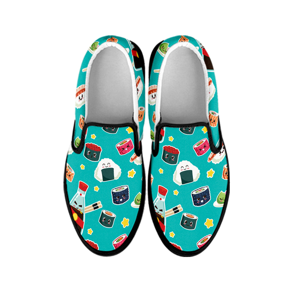 Cute Japanese Sushi Pattern Print Black Slip On Shoes