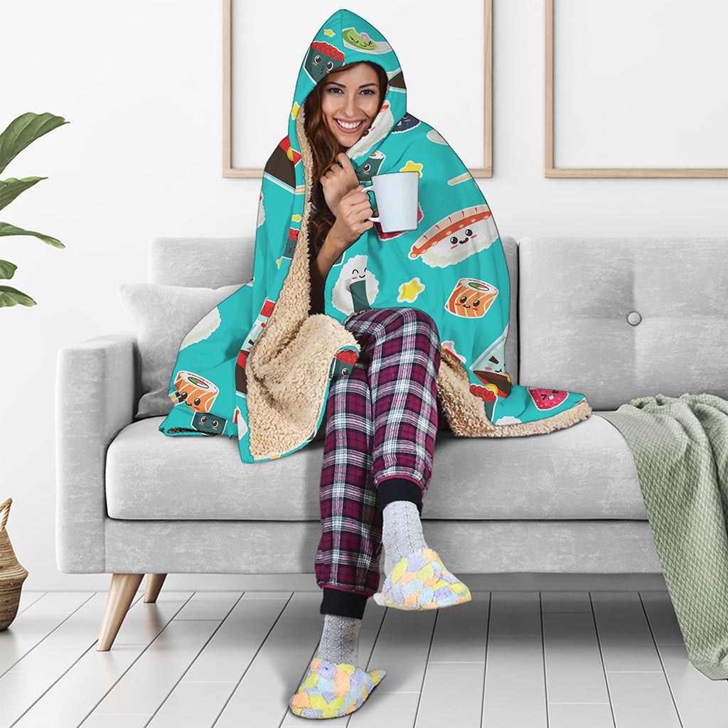 Cute Japanese Sushi Pattern Print Hooded Blanket