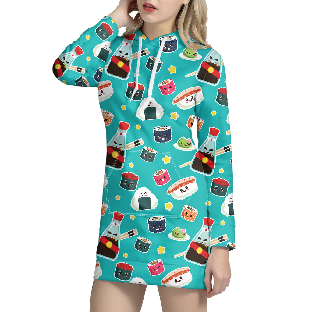 Cute Japanese Sushi Pattern Print Hoodie Dress