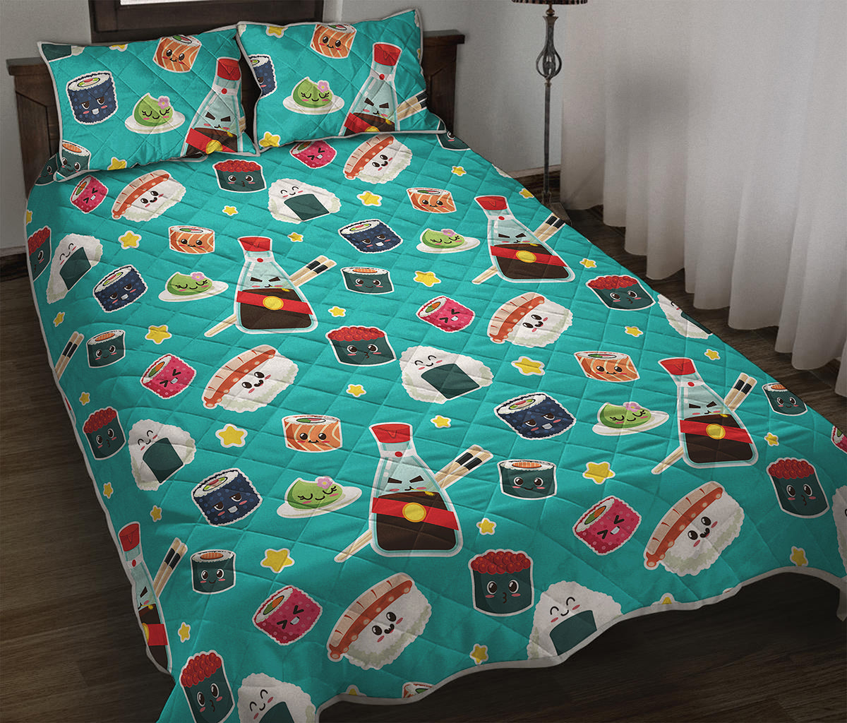 Cute Japanese Sushi Pattern Print Quilt Bed Set