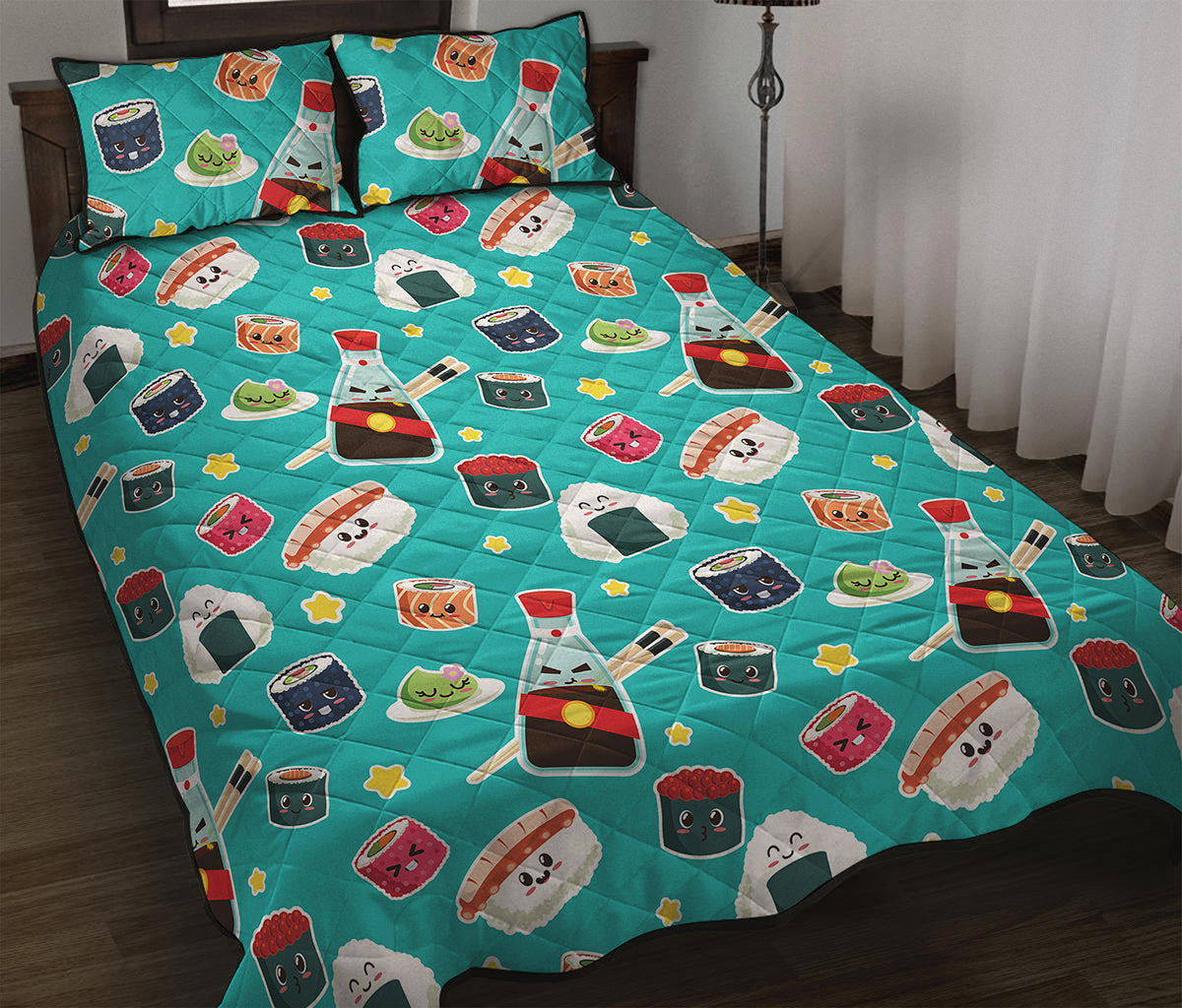 Cute Japanese Sushi Pattern Print Quilt Bed Set