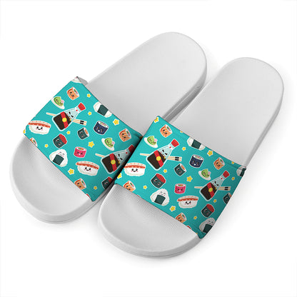 Cute Japanese Sushi Pattern Print White Slide Sandals