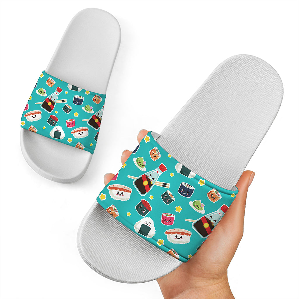 Cute Japanese Sushi Pattern Print White Slide Sandals