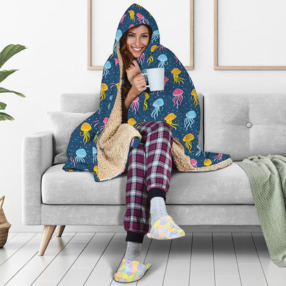 Cute Jellyfish Pattern Print Hooded Blanket
