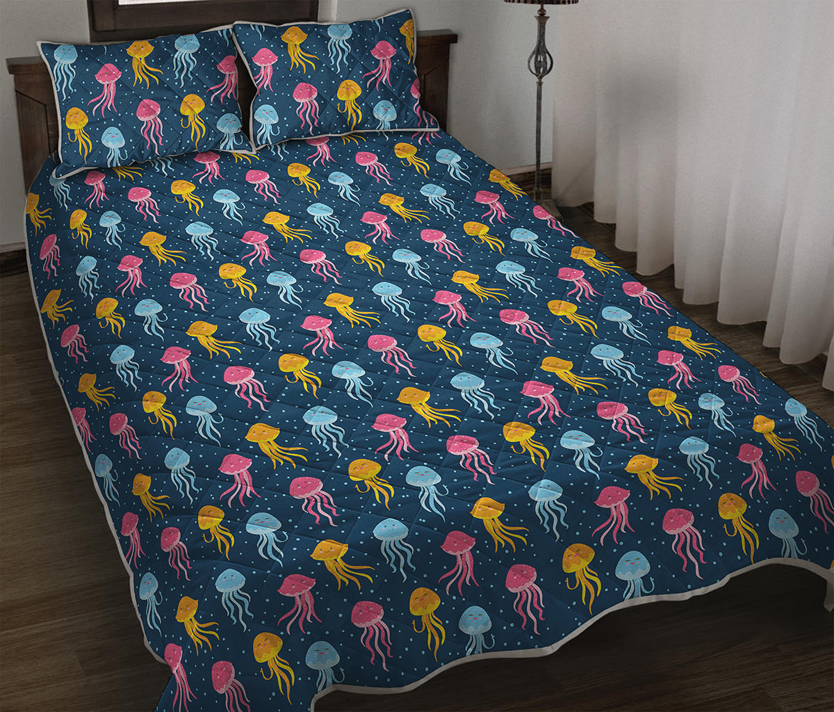 Cute Jellyfish Pattern Print Quilt Bed Set