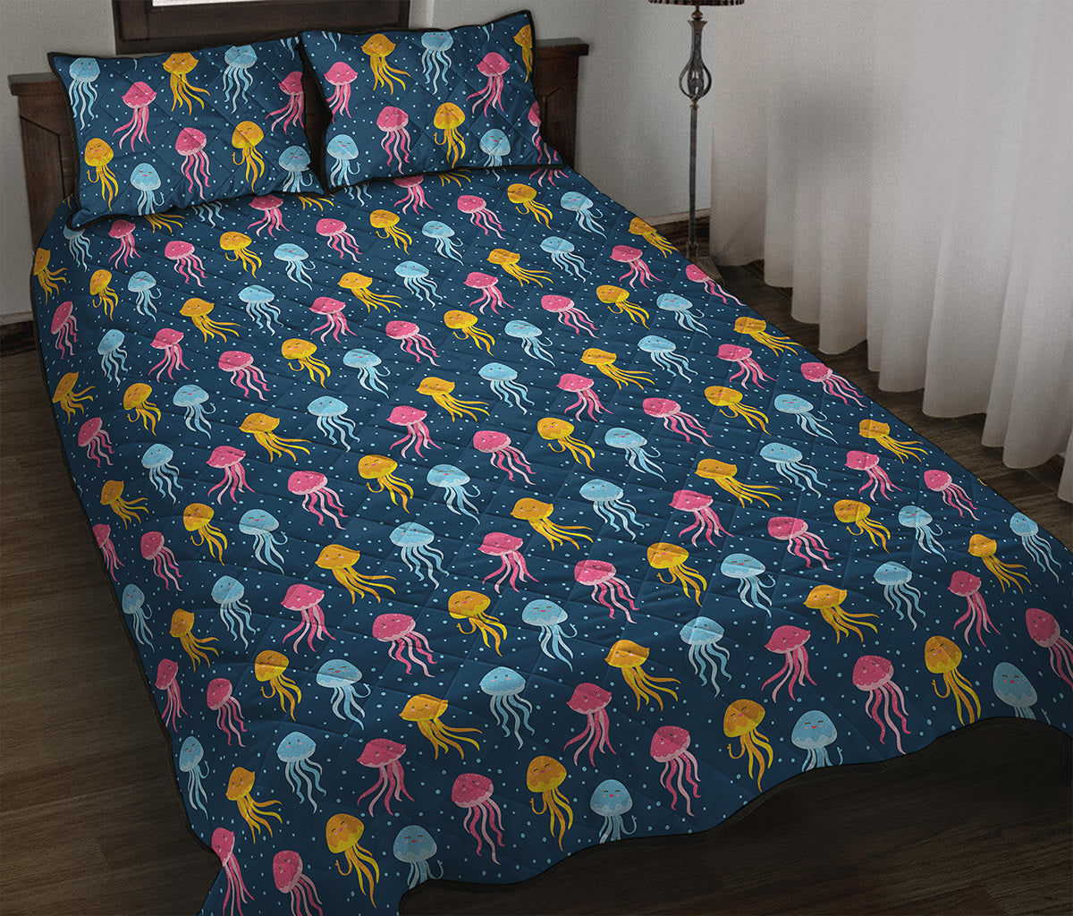 Cute Jellyfish Pattern Print Quilt Bed Set
