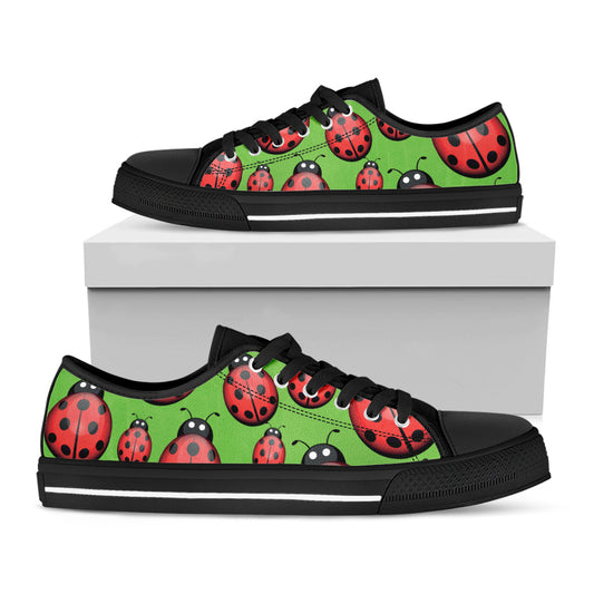 Cute Ladybug Pattern Print Black Low Top Shoes