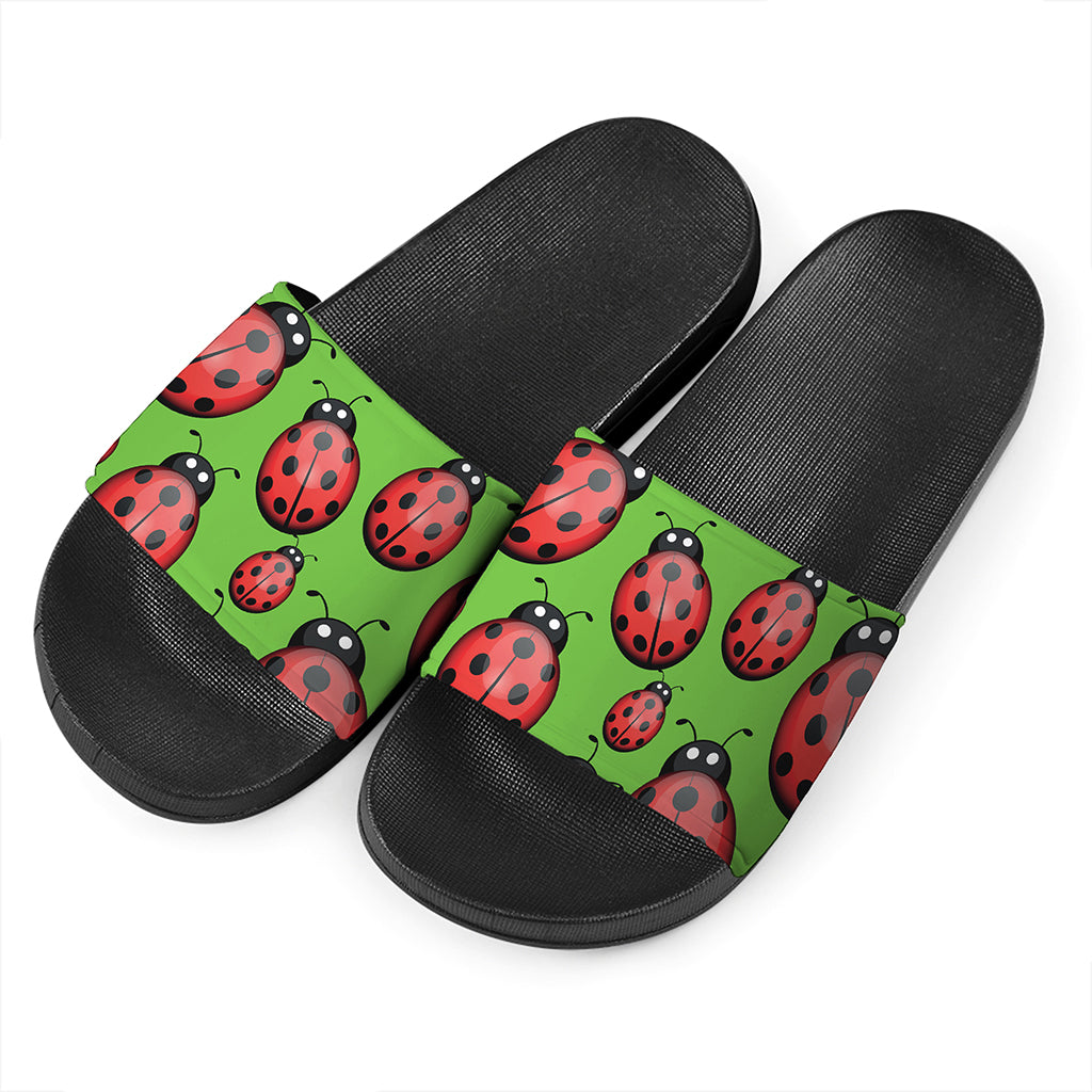 Cute Ladybug Pattern Print Black Slide Sandals