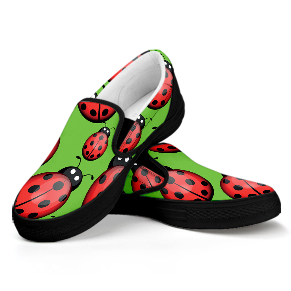 Cute Ladybug Pattern Print Black Slip On Shoes