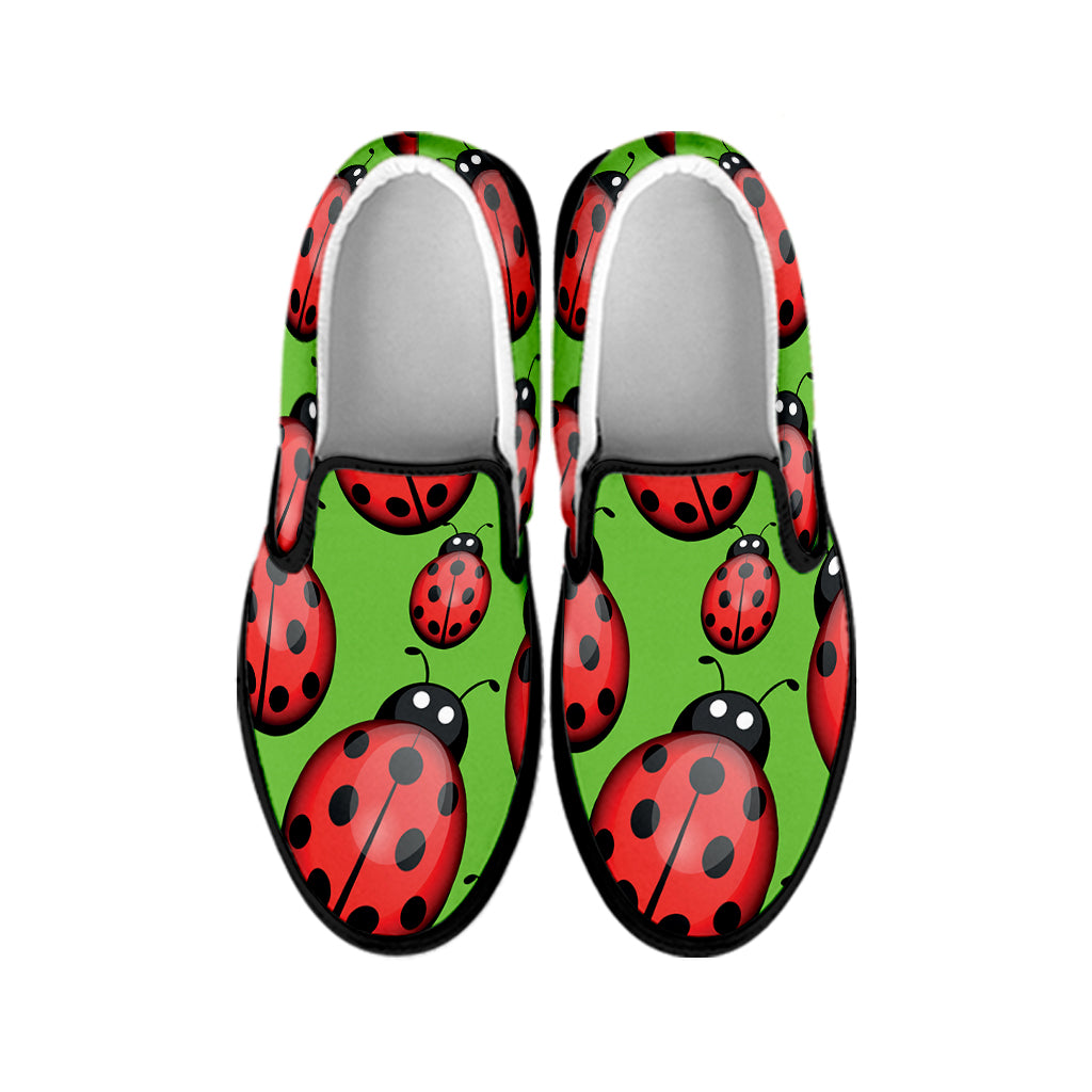 Cute Ladybug Pattern Print Black Slip On Shoes