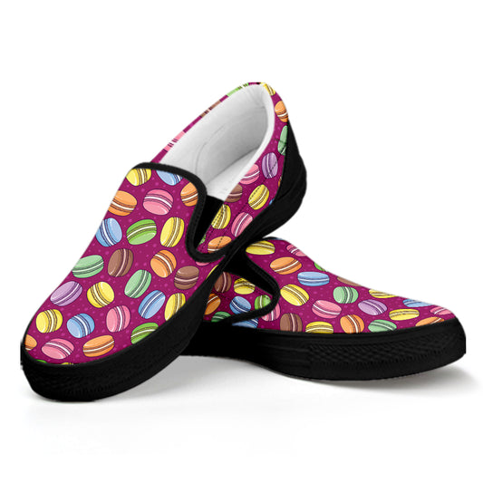 Cute Macaron Pattern Print Black Slip On Shoes