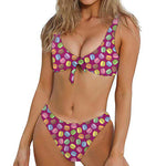Cute Macaron Pattern Print Front Bow Tie Bikini