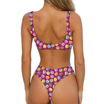 Cute Macaron Pattern Print Front Bow Tie Bikini