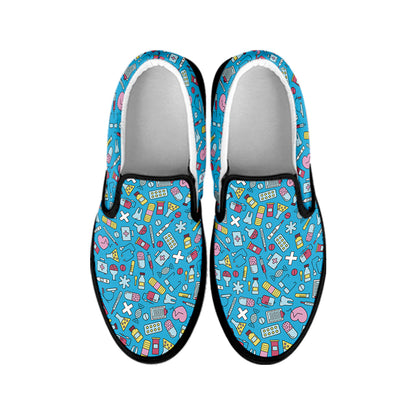 Cute Medical Pattern Print Black Slip On Shoes