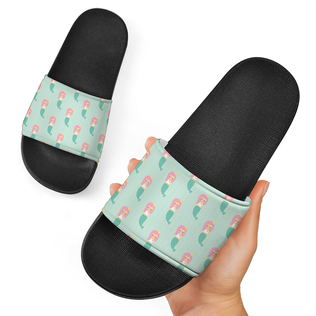 Cute Mermaid Pattern Print Black Slide Sandals