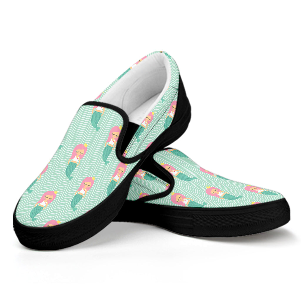 Cute Mermaid Pattern Print Black Slip On Shoes