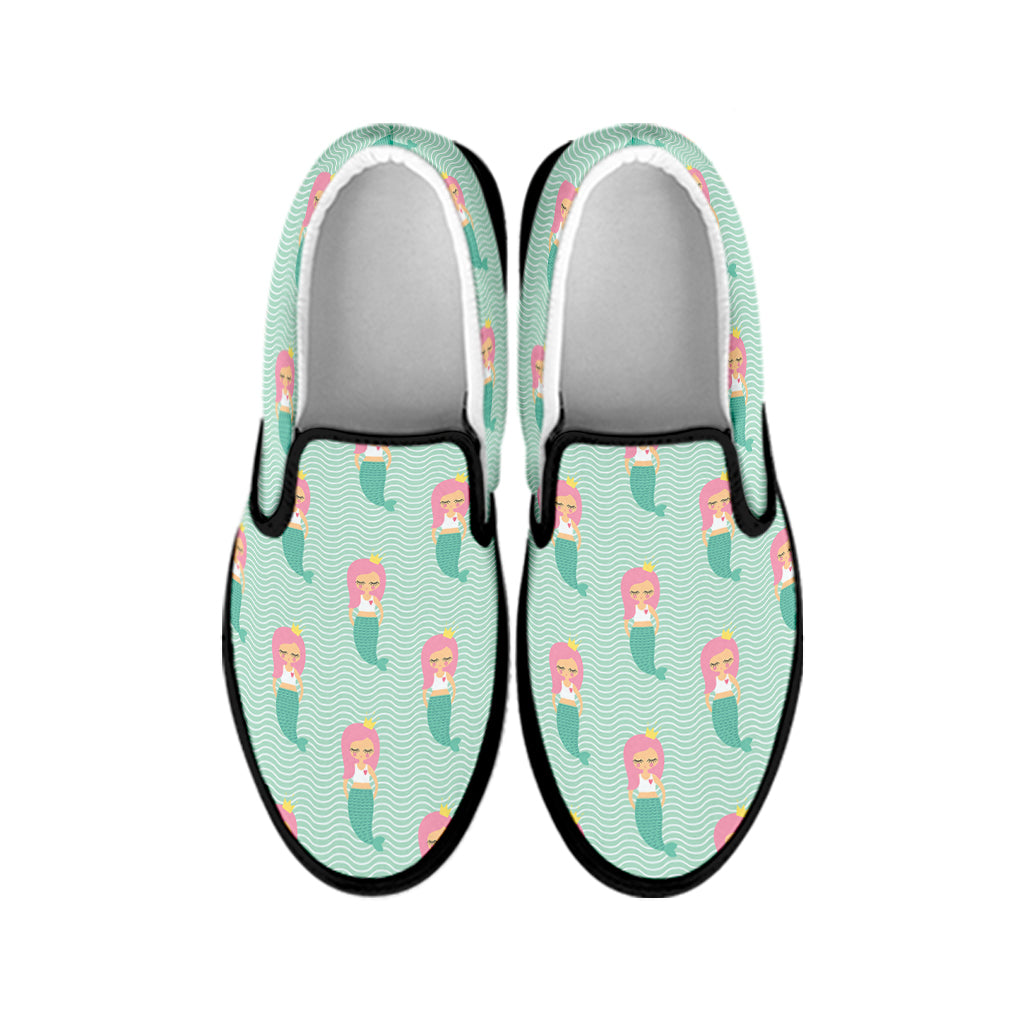 Cute Mermaid Pattern Print Black Slip On Shoes