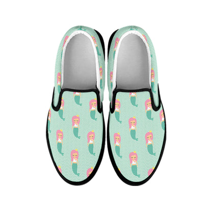 Cute Mermaid Pattern Print Black Slip On Shoes