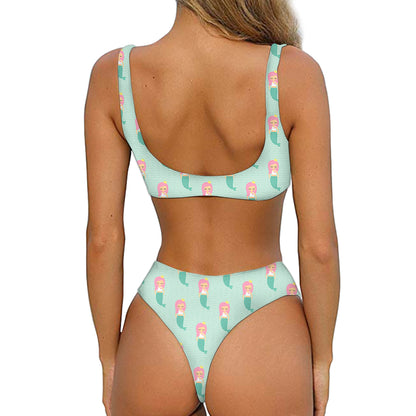 Cute Mermaid Pattern Print Front Bow Tie Bikini