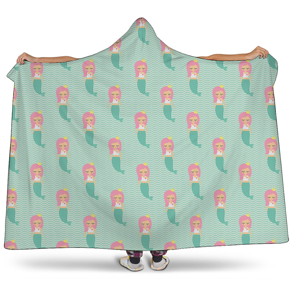 Cute Mermaid Pattern Print Hooded Blanket