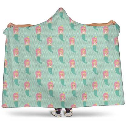Cute Mermaid Pattern Print Hooded Blanket