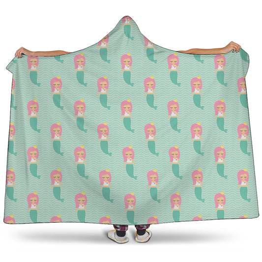Cute Mermaid Pattern Print Hooded Blanket